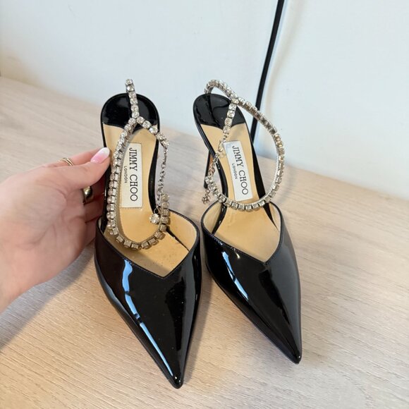 Jimmy Choo Saeda 85 Pumps Black Patent Leather Crystal Strap Pointed Toe - Picture 6 of 10
